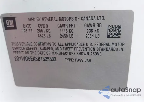 2011 Chevrolet Impala Lt z USA, uszkodzony, nr VIN 2G1WG5EK8B1325332